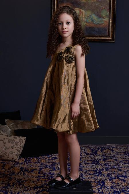 Buy Swati Golyan Gold Handloom Cotton, Lurex Sequins Floral Embroidered Balloon Dress Online at Aza Fashions Buy_Swati Golyan_Gold Handloom Cotton, Lurex Sequins Floral Embroidered Balloon Dress _Online_at_Aza_Fashions