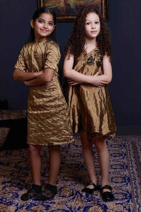 Shop Swati Golyan Gold Handloom Cotton, Lurex Sequins Floral Embroidered Balloon Dress Online at Aza Fashions Shop_Swati Golyan_Gold Handloom Cotton, Lurex Sequins Floral Embroidered Balloon Dress _Online_at_Aza_Fashions