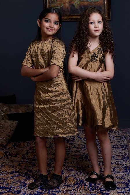 Swati Golyan_Gold Handloom Cotton, Lurex Embroidery Hand Quilted Shift Dress _Online_at_Aza_Fashions