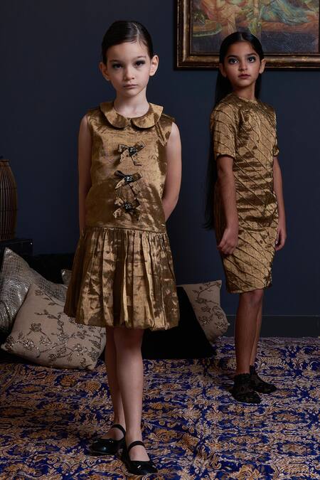 Swati Golyan Gold Handloom Cotton, Lurex Sequins Swarovski Crystals Embellished Bow Dress Online at Aza Fashions Swati Golyan_Gold Handloom Cotton, Lurex Sequins Swarovski Crystals Embellished Bow Dress _Online_at_Aza_Fashions