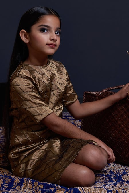 Shop_Swati Golyan_Gold Handloom Cotton, Lurex Embroidery Hand Quilted Shift Dress _Online_at_Aza_Fashions