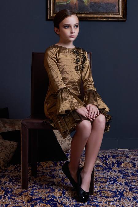 Swati Golyan Gold Handloom Cotton, Lurex Embroidery, Sequins Rose Gathered Hem Dress Online at Aza Fashions Swati Golyan_Gold Handloom Cotton, Lurex Embroidery, Sequins Rose Gathered Hem Dress _Online_at_Aza_Fashions