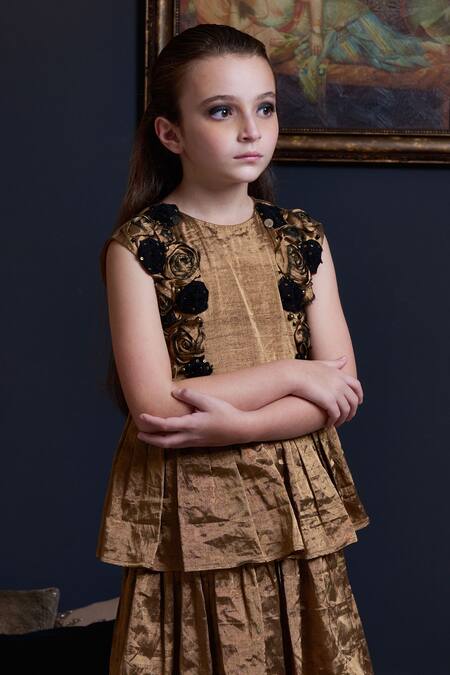 Swati Golyan_Gold Handloom Cotton, Lurex Pearls, Metallic Floral Cascade Embroidered Dress _Online_at_Aza_Fashions