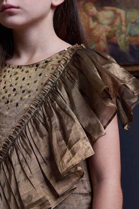 Swati Golyan_Gold Handloom , Lurex, Sequins Side Sash Dress _Online_at_Aza_Fashions