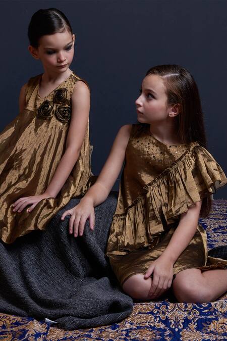 Swati Golyan Gold Handloom Cotton, Lurex Sequins Floral Embroidered Balloon Dress at Aza Fashions Swati Golyan_Gold Handloom Cotton, Lurex Sequins Floral Embroidered Balloon Dress _at_Aza_Fashions