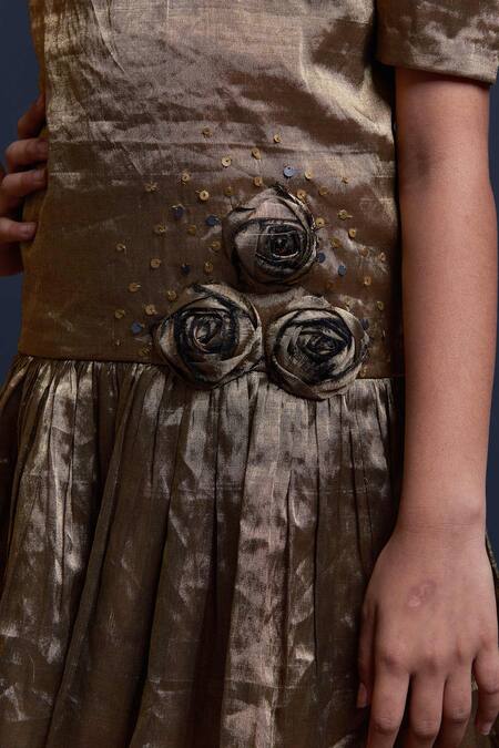 Swati Golyan Gold Handloom Cotton, Lurex Embroidery Drop Down Waist Dress Online at Aza Fashions Swati Golyan_Gold Handloom Cotton, Lurex Embroidery Drop Down Waist Dress _Online_at_Aza_Fashions