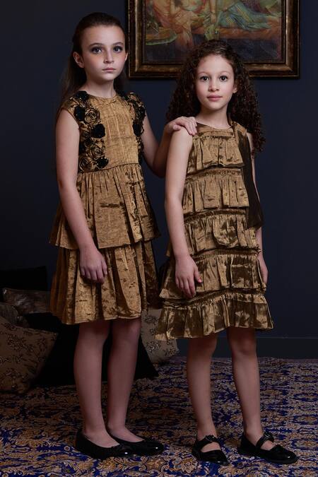 Swati Golyan Gold Handloom Cotton, Lurex Bow Tie Tiered Dress Online at Aza Fashions Swati Golyan_Gold Handloom Cotton, Lurex Bow Tie Tiered Dress _Online_at_Aza_Fashions