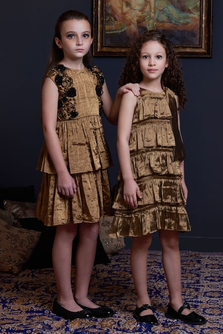 Shop_Swati Golyan_Gold Handloom Cotton, Lurex Pearls, Metallic Floral Cascade Embroidered Dress _Online_at_Aza_Fashions