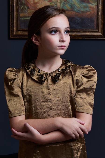 Swati Golyan Gold Handloom Cotton, Lurex Sequins, Embroidered Collar Princess Seam Dress Online at Aza Fashions Swati Golyan_Gold Handloom Cotton, Lurex Sequins, Embroidered Collar Princess Seam Dress _Online_at_Aza_Fashions