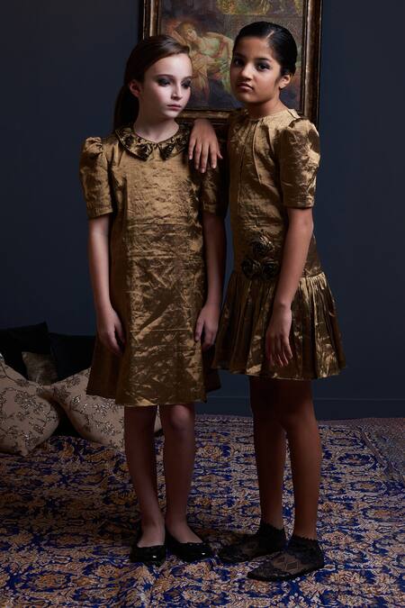 Buy Swati Golyan Gold Handloom Cotton, Lurex Sequins, Embroidered Collar Princess Seam Dress Online at Aza Fashions Buy_Swati Golyan_Gold Handloom Cotton, Lurex Sequins, Embroidered Collar Princess Seam Dress _Online_at_Aza_Fashions