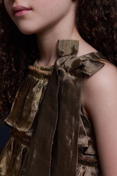 Buy Swati Golyan Gold Handloom Cotton, Lurex Bow Tie Tiered Dress Online at Aza Fashions Buy_Swati Golyan_Gold Handloom Cotton, Lurex Bow Tie Tiered Dress _Online_at_Aza_Fashions