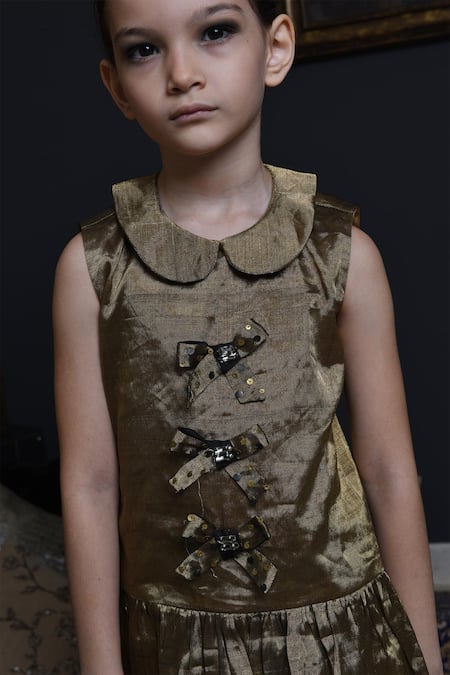 Buy Swati Golyan Gold Handloom Cotton, Lurex Sequins Swarovski Crystals Embellished Bow Dress Online at Aza Fashions Buy_Swati Golyan_Gold Handloom Cotton, Lurex Sequins Swarovski Crystals Embellished Bow Dress _Online_at_Aza_Fashions