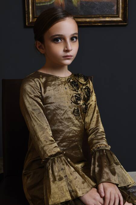 Buy Swati Golyan Gold Handloom Cotton, Lurex Embroidery, Sequins Rose Gathered Hem Dress Online at Aza Fashions Buy_Swati Golyan_Gold Handloom Cotton, Lurex Embroidery, Sequins Rose Gathered Hem Dress _Online_at_Aza_Fashions