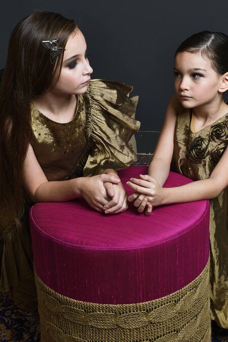 Shop_Swati Golyan_Gold Handloom , Lurex, Sequins Side Sash Dress _Online_at_Aza_Fashions