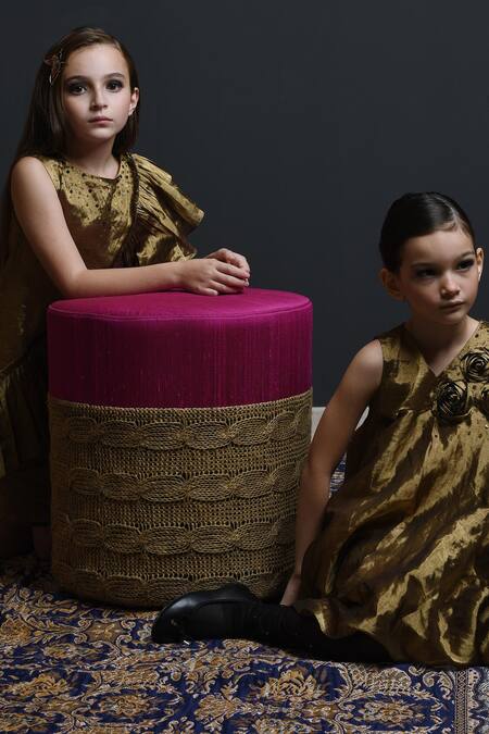 Swati Golyan_Gold Handloom , Lurex, Sequins Side Sash Dress _at_Aza_Fashions