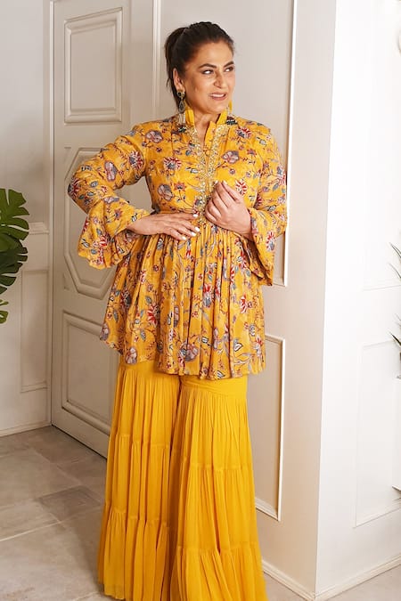 Shop_Chhavvi Aggarwal_Yellow Jacket Crepe Sharara Georgette Stand Collar Printed Tunic And Set _at_Aza_Fashions