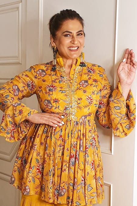Chhavvi Aggarwal_Yellow Jacket Crepe Sharara Georgette Stand Collar Printed Tunic And Set _Online_at_Aza_Fashions