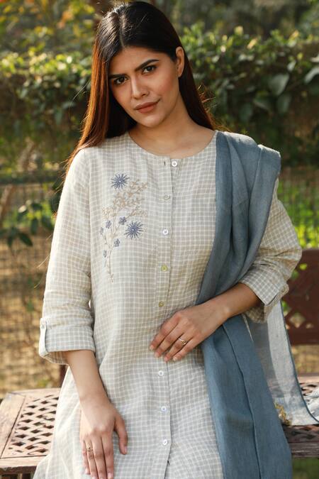 Shop_Linen Bloom_Beige 100% Linen Checkered Tunic_Online_at_Aza_Fashions