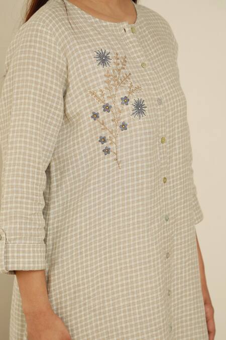 Linen Bloom_Beige 100% Linen Checkered Tunic_at_Aza_Fashions