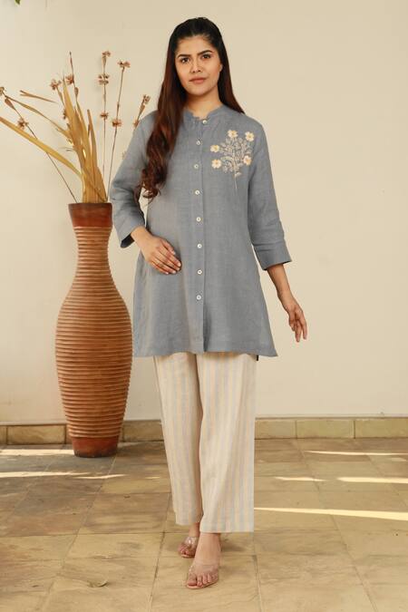Buy_Linen Bloom_Blue 100% Linen Tunic_Online_at_Aza_Fashions