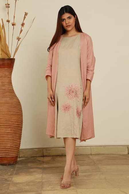 Shop_Linen Bloom_Beige 100% Linen Embroidered Dress _at_Aza_Fashions