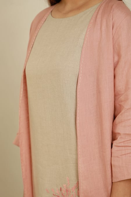 Linen Bloom_Pink 100% Linen Open Jacket _at_Aza_Fashions