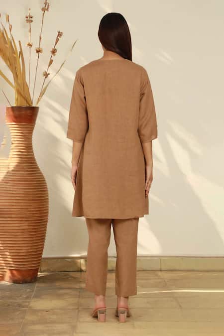 Shop_Linen Bloom_Brown 100% Linen Embroidered Tunic _at_Aza_Fashions