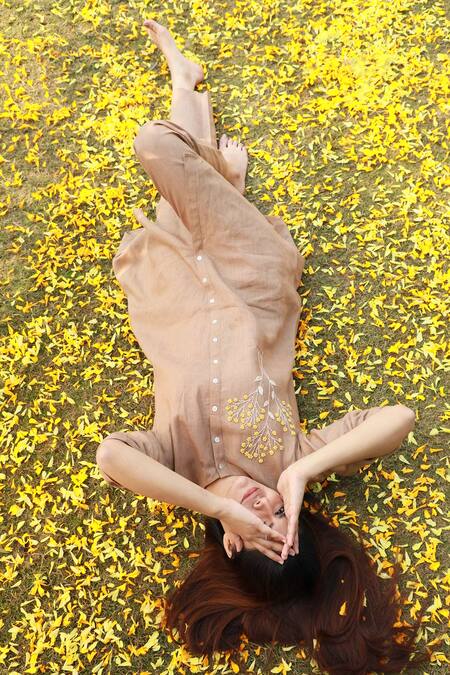 Linen Bloom_Brown 100% Linen Embroidered Tunic _Online_at_Aza_Fashions
