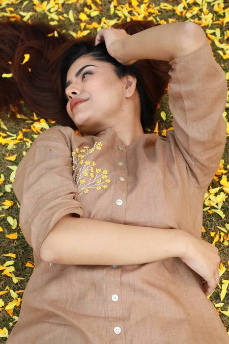 Buy_Linen Bloom_Brown 100% Linen Embroidered Tunic _Online_at_Aza_Fashions
