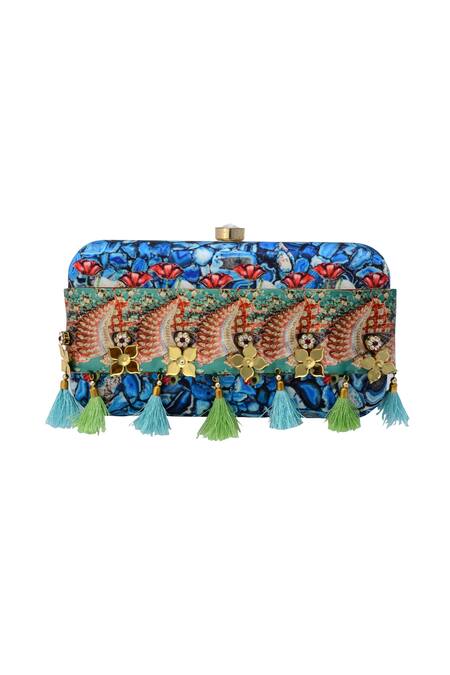 Puneet Gupta Multi Color Multi-coloured Printed Clutch With Tassels