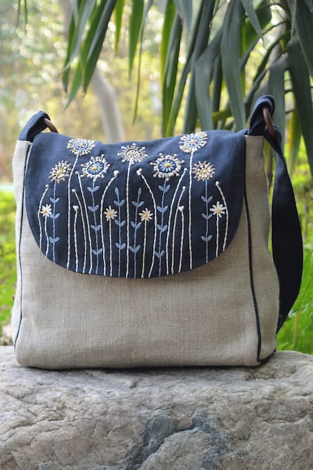 Buy Blue Embroidered Linen Flap Sling Bag by Linen Bloom Online at Aza ...