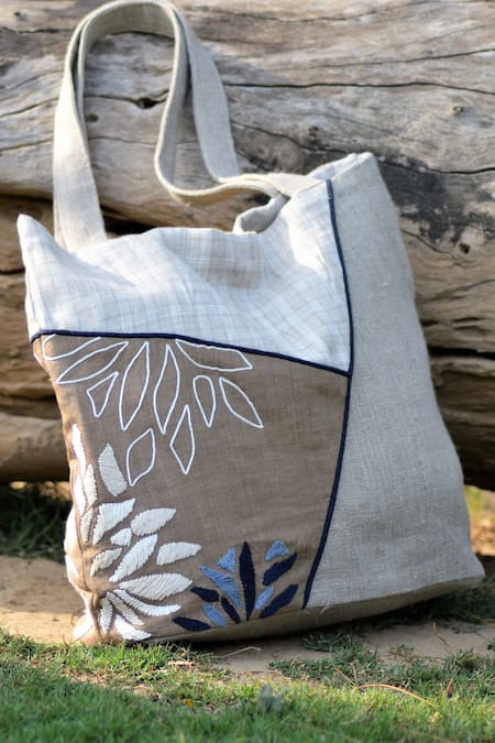 Linen Bloom Beige Floral Motif Linen Tote Bag 