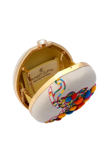 Buy_Puneet Gupta_White Bead And Mirror Elephant Embroidered Clutch _Online_at_Aza_Fashions