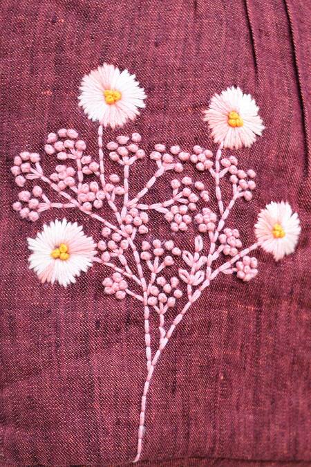 Linen Bloom_Maroon Floral Motif Linen Pintuck Tote Bag _Online_at_Aza_Fashions