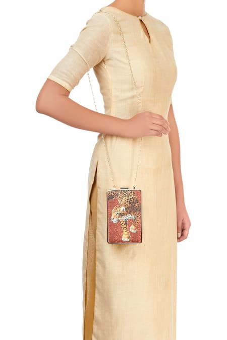 Shop Puneet Gupta Orange Leopard Print Graphic Clutch at Aza Fashions Shop_Puneet Gupta_Orange Leopard Print Graphic Clutch _at_Aza_Fashions