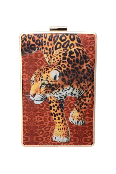 Puneet Gupta Orange Leopard Print Graphic Clutch Online at Aza Fashions Puneet Gupta_Orange Leopard Print Graphic Clutch _Online_at_Aza_Fashions