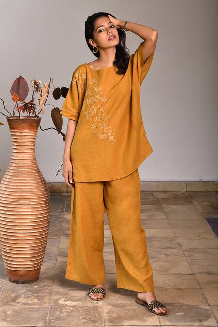 Linen Bloom_Yellow Pure Linen Boat Embroidered Blouse_Online_at_Aza_Fashions