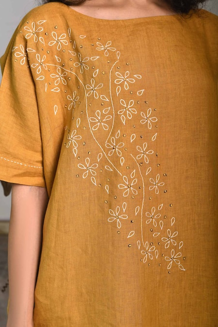 Shop_Linen Bloom_Yellow Pure Linen Boat Embroidered Blouse_Online_at_Aza_Fashions