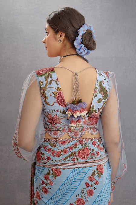 Shop Torani Blue Silk Organza, Handwoven Chanderi Chintz Motifs Samsara Taahira Blouse at Aza Fashions Shop_Torani_Blue Silk Organza, Handwoven Chanderi Chintz Motifs Samsara Taahira Blouse _at_Aza_Fashions