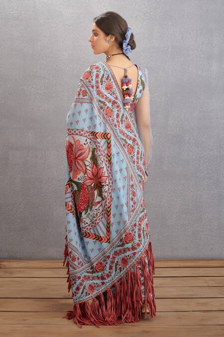 Shop Torani Blue Silk Organza, Handwoven Chanderi Chintz Motifs Samsara Taahira Blouse Online at Aza Fashions Shop_Torani_Blue Silk Organza, Handwoven Chanderi Chintz Motifs Samsara Taahira Blouse _Online_at_Aza_Fashions