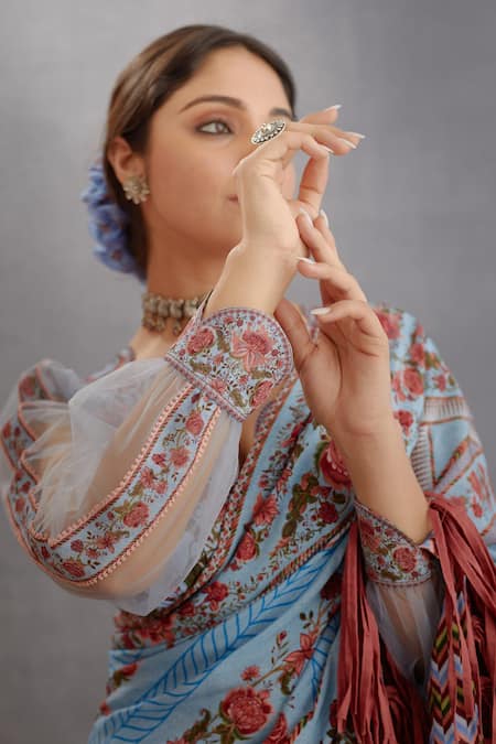 Torani Blue Silk Organza, Handwoven Chanderi Chintz Motifs Samsara Taahira Blouse at Aza Fashions Torani_Blue Silk Organza, Handwoven Chanderi Chintz Motifs Samsara Taahira Blouse _at_Aza_Fashions