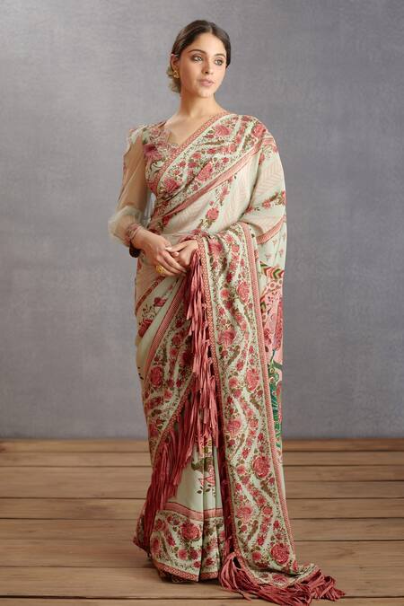 Torani_Green Silk Organza, Handwoven Chanderi Chintz Motifs Jaituni Taahira Blouse _Online_at_Aza_Fashions