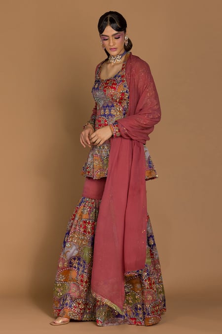 Aisha Rao Peach Satin Organza Printed Scoop Neck Sharara Set  