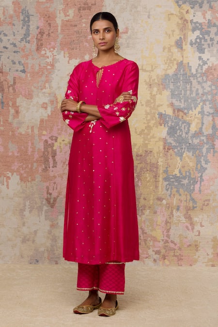 Shop_Devnaagri_Pink Organza, Chanderi, Shantoon, Zari Round Kurta Set _Online_at_Aza_Fashions