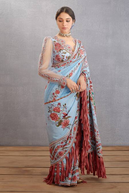 Torani_Blue Silk Crepe Chintz Motifs Samsara Taahira Saree _Online_at_Aza_Fashions