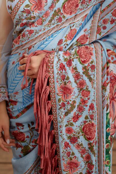 Torani_Blue Silk Crepe Chintz Motifs Samsara Taahira Saree _at_Aza_Fashions