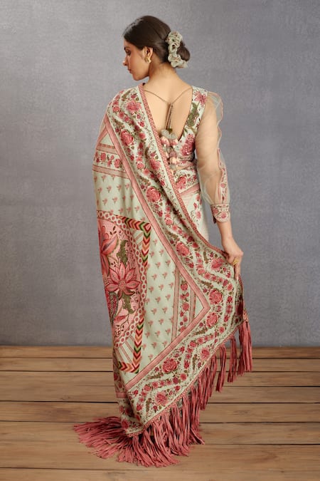 Shop_Torani_Green Handwoven Chanderi Printed Chintz Motifs Jaituni Taahira Saree  _at_Aza_Fashions
