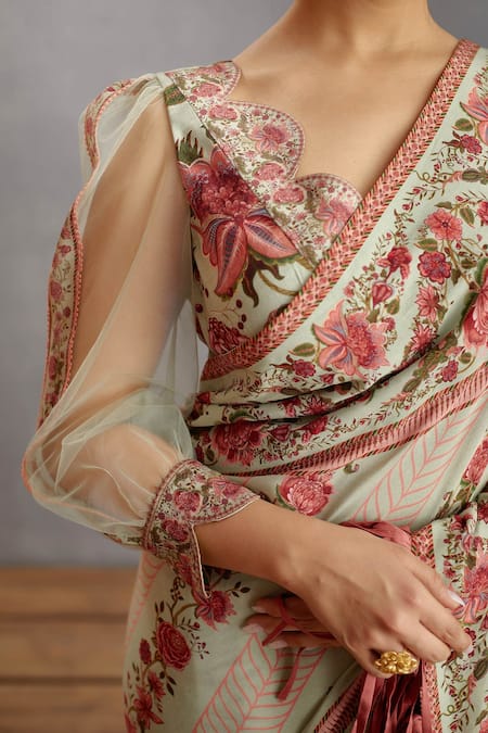Shop_Torani_Green Handwoven Chanderi Printed Chintz Motifs Jaituni Taahira Saree  _Online_at_Aza_Fashions