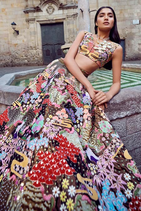 Shop_Aisha Rao_Gold Tissue Sequins, Embroidery, Applique Cowl Neck Trencadis Lehenga Set _Online_at_Aza_Fashions