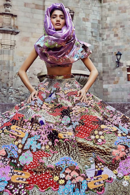 Aisha Rao_Gold Tissue Sequins, Embroidery, Applique Cowl Neck Trencadis Lehenga Set _at_Aza_Fashions